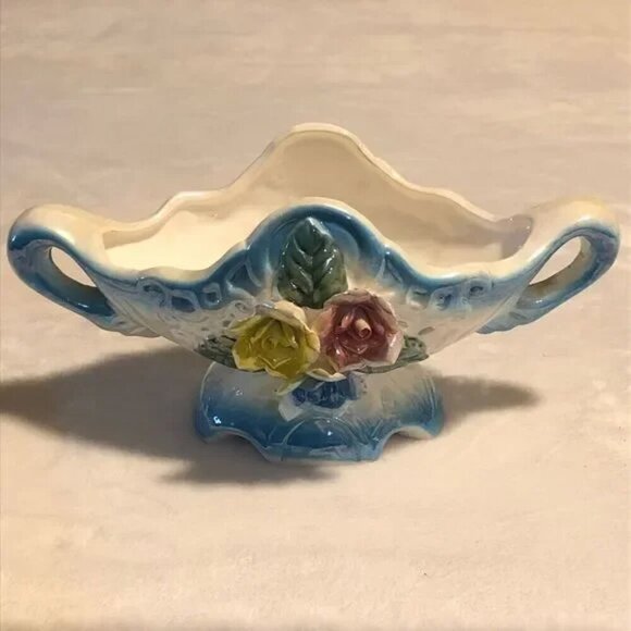 Vintage Victorian Style Porcelain Blue With Pink Flowers Candy Dish - Picture 1 of 12